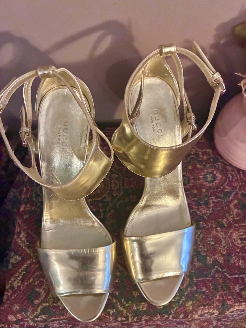 Gucci Metallic Gold Leather Ankle-Strap Heels